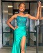 Elegant Sheath/Column Satin Beaded Ruched Prom Dresses