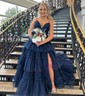 Ball Gown/Princess V-neck Tulle Glitter Sweep Train Prom Dresses With Tiered