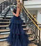 Ball Gown/Princess V-neck Tulle Glitter Sweep Train Prom Dresses With Tiered