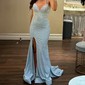 Sheath/Column V-neck Satin Beaded Prom Dresses With Ruched