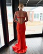 Trumpet/Mermaid V-neck Jersey Sweep Train Beading Prom Dresses