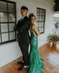 Trumpet/Mermaid V-neck Sequined Sweep Train Prom Dresses