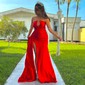 Elegant Sheath/Column Satin Straight Ruched Split Prom Dresses