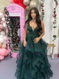 Ball Gown V-neck Tulle Ruffle Tiered Prom Dresses With Appliques