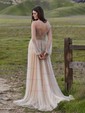 A-line Floor-length V-neck Tulle Long Sleeves Pearl Detailing Prom Dresses