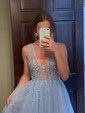 A-line V-neck Tulle Sweep Train Beading Prom Dresses