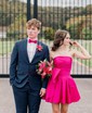 Unique Red Satin Skater Bow Ruched Homecoming Dresses