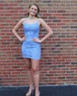 Modest Sky Blue Bodycon Lace Appliques Homecoming Dresses