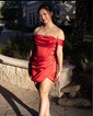 Corset Red Fitted Satin Off-The-Shoulder Homecoming Dresses