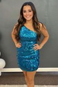 Sparkly Blue Bodycon Sequin One Shoulder Homecoming Dresses