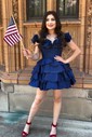 Unique Blue Skater Taffeta Tiered Ruffle Homecoming Dresses