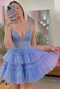 Puffy Royal Blue Skater Ruffle Tiered Homecoming Dresses