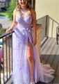 Ball Gown/Princess Sweep Train One Shoulder Tulle Glitter Flower(s) Prom Dresses