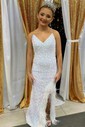 Sheath/Column V-neck Sequined Sweep Train Prom Dresses With Feathers / Fur