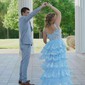 Ball Gown V-neck Lace Tulle Sweep Train Appliques Lace Prom Dresses