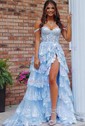 Ball Gown V-neck Lace Tulle Sweep Train Appliques Lace Prom Dresses