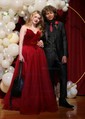 Ball Gown V-neck Velvet Tulle Ruffle Prom Dresses