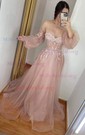 A-line Off-the-shoulder Tulle Floor-length Prom Dresses With Appliques Lace