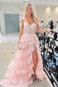 Ball Gown Sweetheart Tulle Sweep Train Prom Dresses With Appliques Lace