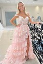 Ball Gown Sweetheart Tulle Sweep Train Prom Dresses With Appliques Lace