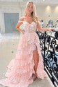 Ball Gown Sweetheart Tulle Sweep Train Prom Dresses With Appliques Lace