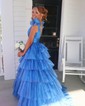 Ball Gown/Princess V-neck Metallic Sweep Train Prom Dresses With Tiered