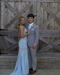 Trumpet/Mermaid Halter Tulle Sweep Train Prom Dresses With Appliques Lace