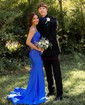 Trumpet/Mermaid V-neck Jersey Sweep Train Prom Dresses With Split Front