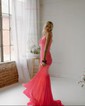 Trumpet/Mermaid V-neck Jersey Court Train Prom Dresses With Split Front