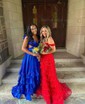 A-line V-neck Silk-like Satin Asymmetrical Prom Dresses With Split Front