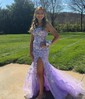 Trumpet/Mermaid Scoop Neck Tulle Glitter Sweep Train Prom Dresses With Appliques Lace