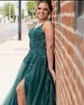 Ball Gown/Princess V-neck Tulle Glitter Sweep Train Prom Dresses With Appliques Lace