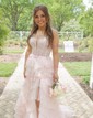 Ball Gown/Princess V-neck Tulle Sweep Train Prom Dresses With Appliques Lace