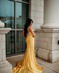 Trumpet/Mermaid One Shoulder Silk-like Satin Sweep Train Prom Dresses With Appliques Lace