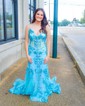 Trumpet/Mermaid V-neck Tulle Sweep Train Prom Dresses With Sequins