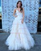 Ball Gown/Princess V-neck Tulle Glitter Sweep Train Prom Dresses With Tiered