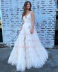 Ball Gown/Princess V-neck Tulle Glitter Sweep Train Prom Dresses With Tiered