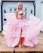 Ball Gown/Princess V-neck Tulle Glitter Sweep Train Prom Dresses With Tiered