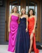 Trumpet/Mermaid V-neck Silk-like Satin Sweep Train Prom Dresses With Ruched