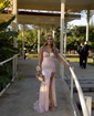 Sheath/Column Sweep Train V-neck Sequined Beading Prom Dresses