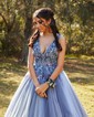 Ball Gown V-neck Tulle Sweep Train Prom Dresses With Appliques Lace