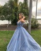 Ball Gown V-neck Tulle Sweep Train Prom Dresses With Appliques Lace