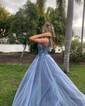 Ball Gown V-neck Tulle Sweep Train Prom Dresses With Appliques Lace