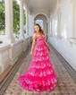 Ball Gown/Princess Off-the-shoulder Tulle Sweep Train Prom Dresses With Appliques Lace