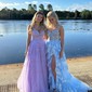 Ball Gown/Princess V-neck Tulle Sweep Train Prom Dresses With Appliques Lace