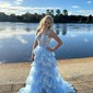 Ball Gown/Princess V-neck Tulle Sweep Train Prom Dresses With Appliques Lace