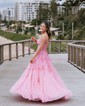 Ball Gown/Princess Sweetheart Lace Tulle Sweep Train Prom Dresses With Appliques Lace