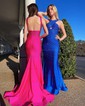 Trumpet/Mermaid V-neck Jersey Sweep Train Beading Prom Dresses