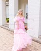 Ball Gown/Princess Off-the-shoulder Tulle Court Train Prom Dresses With Sashes / Ribbons