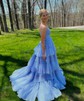 Ball Gown/Princess V-neck Tulle Glitter Sweep Train Prom Dresses With Tiered